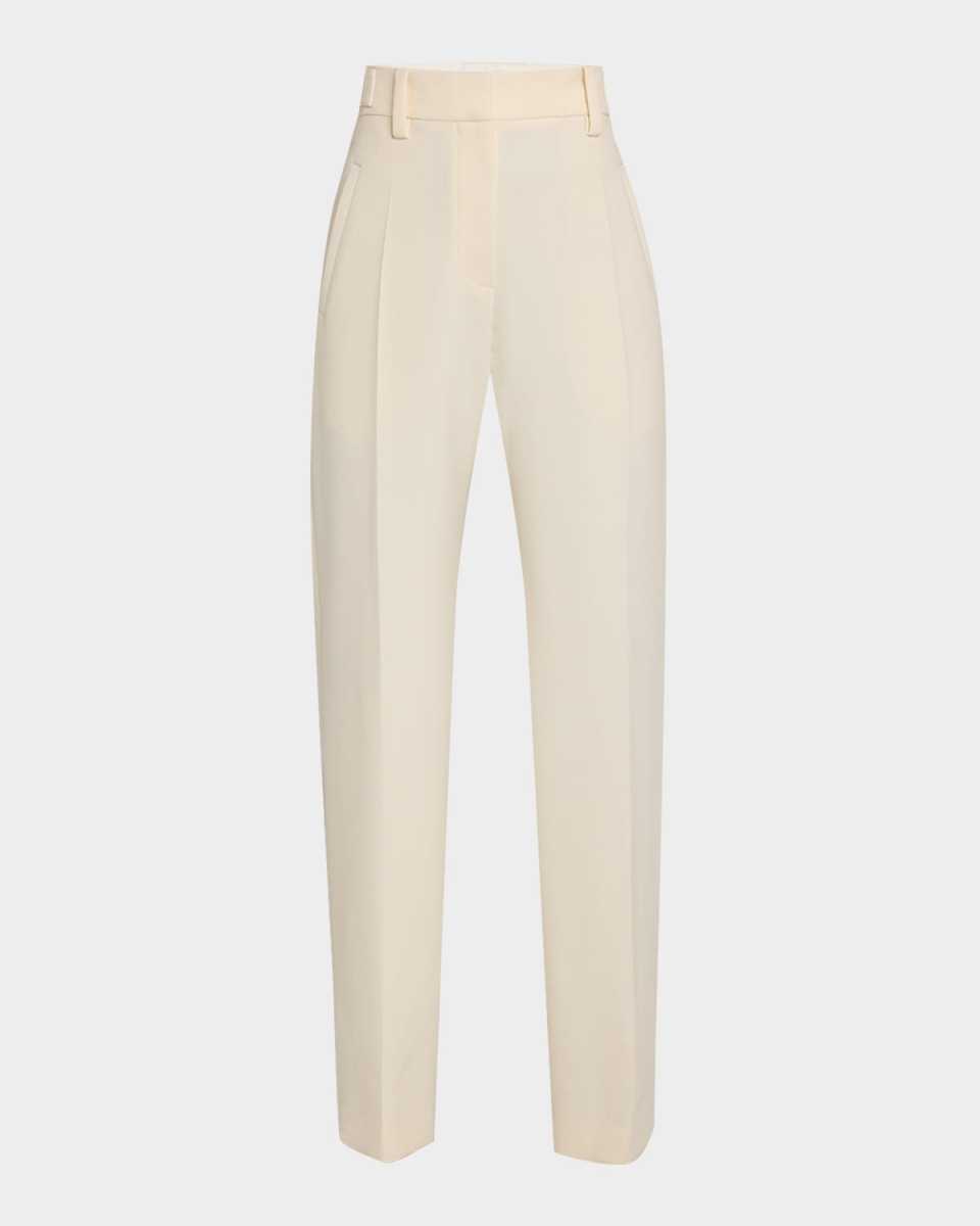 Button-Waist Double Canvas Wool Straight-Leg Pants